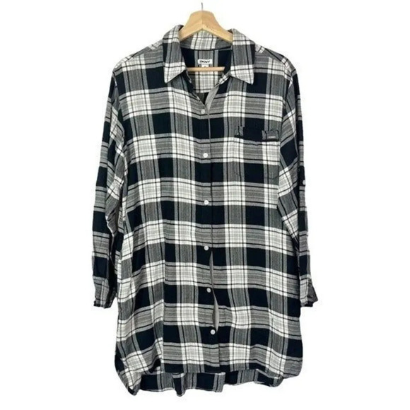 DKNY Black & White Plaid Button Down Long Sleeve Flannel Mini Dress M - Picture 1 of 3